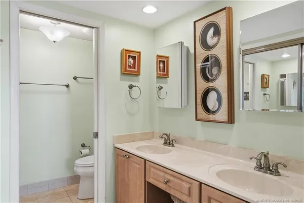 a bathroom with a double vanity sink toilet and shower
