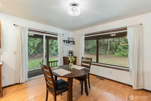 a view of a dining room with furniture window and wooden floor