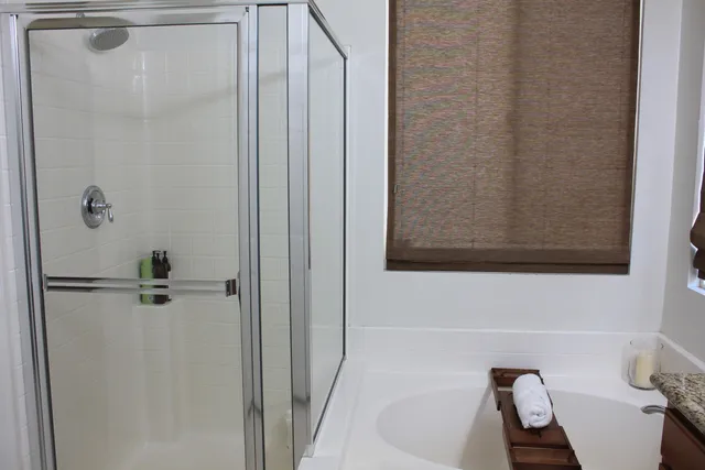 a bathroom with a bathtub
