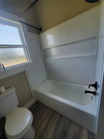 a bathroom with a toilet and a bath tub