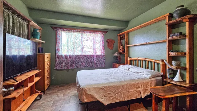 a bedroom with a bed and a flat screen tv