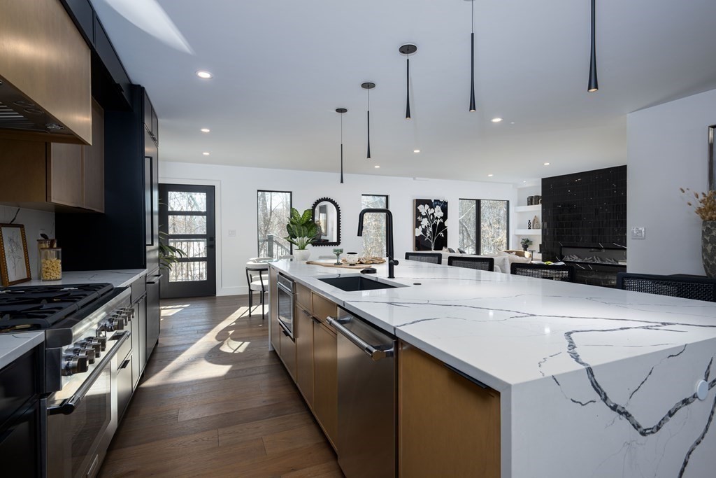 14 Edith Street, Unit 14 Arlington, MA 02474 - Photo 18 of 42 a large kitchen with stainless steel appliances a large counter top a stove and a sink
