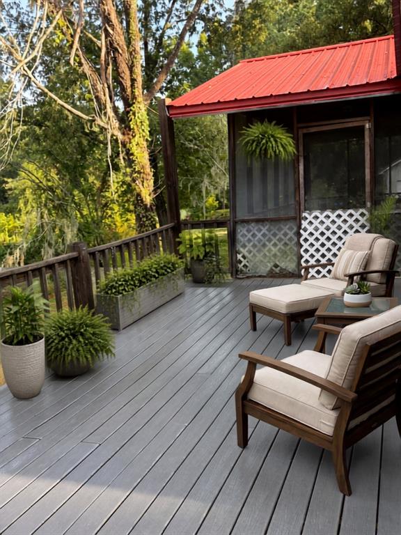 Expansive outdoor deck with gray wood-finish flooring