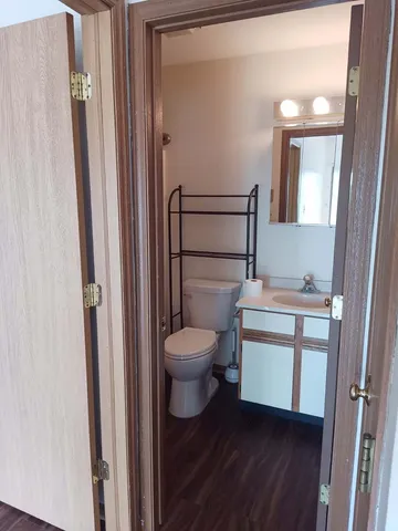 a bathroom with a toilet a sink and a mirror