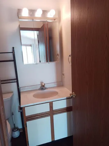 a bathroom with a sink a toilet and mirror