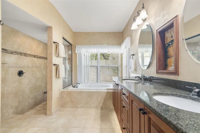 a bathroom with a granite countertop sink a large mirror and shower