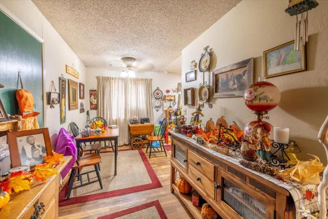 a dining room with furniture and window