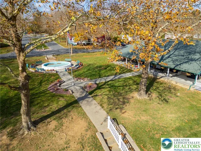 a view of a park with large trees