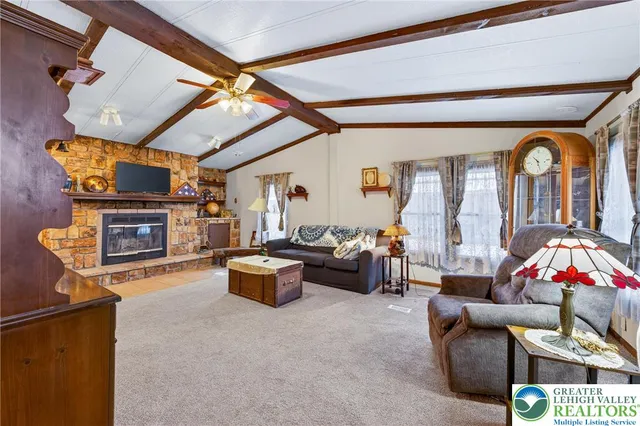 a living room with furniture a fireplace and potted plants