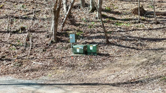 a room with a bench and trees