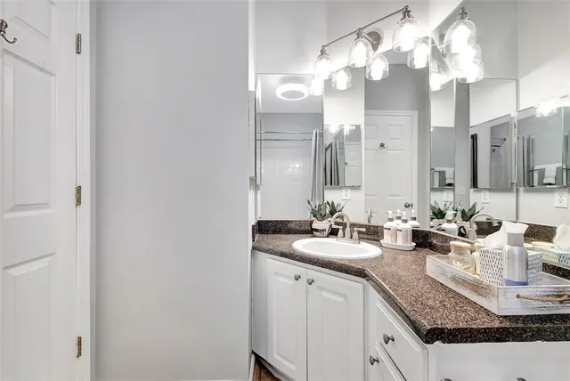 a bathroom with a sink vanity and a mirror