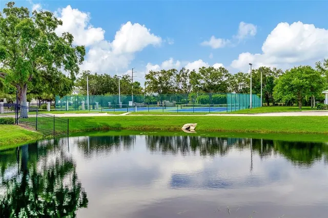 a lake view with a big yard and potted plants and large trees