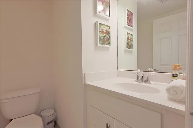 a bathroom with a toilet sink vanity and mirror