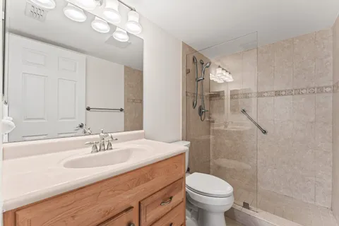 a bathroom with a sink a toilet and shower