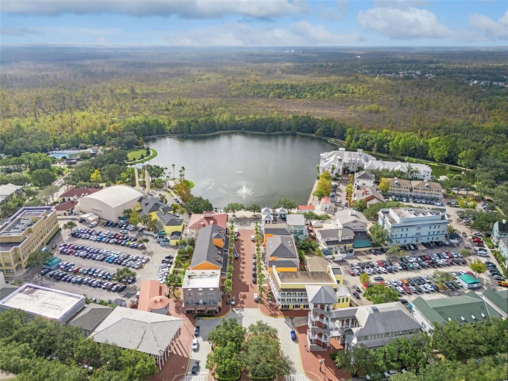 414 Water Street, Unit 414 Celebration, FL 34747 - Photo 53 of 75 an aerial view of city and lake with trees