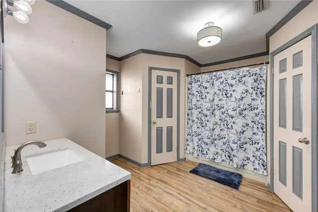 a bathroom with a sink and a shower