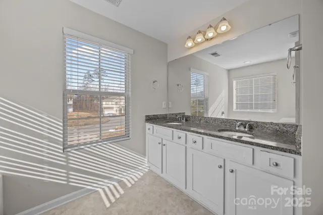 a bathroom with a granite countertop sink and a large mirror