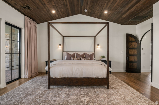 4871 South Homestead Way Washington, UT 84780 - Photo 40 of 151 Bedroom with dark wood-style flooring, wood ceiling, access to exterior, arched walkways, and recessed lighting