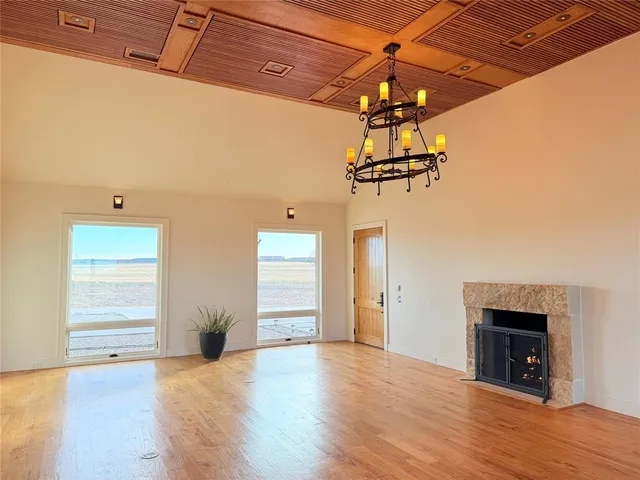 a view of empty room with wooden floor and fireplace