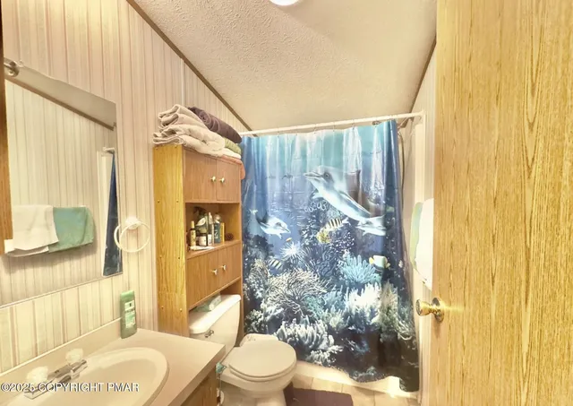 a bathroom with a toilet sink and shower curtain