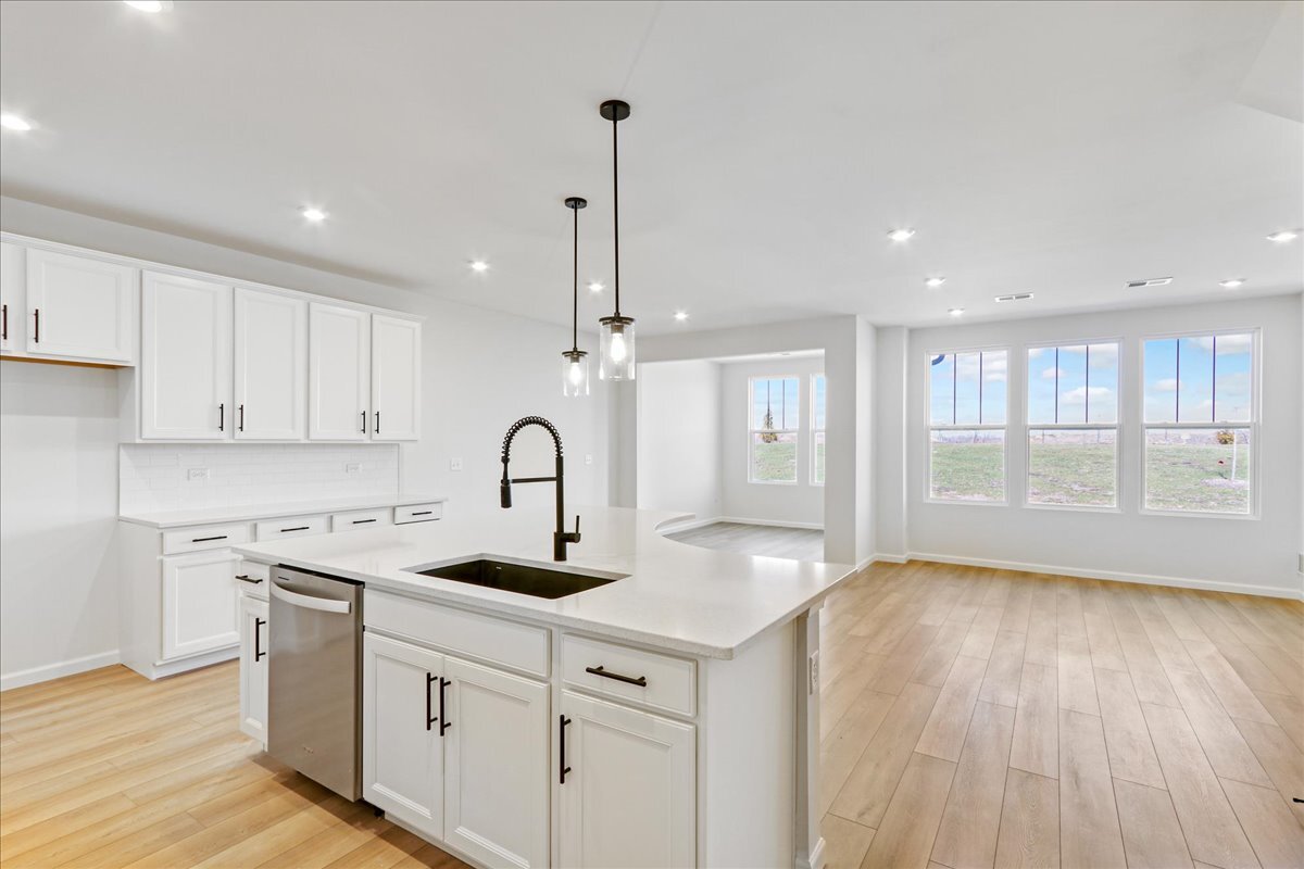 692 Switchgrass Way, Unit 57004 Bolingbrook, IL 60490 - Photo 4 of 25 a kitchen with a sink wooden floor and white cabinets