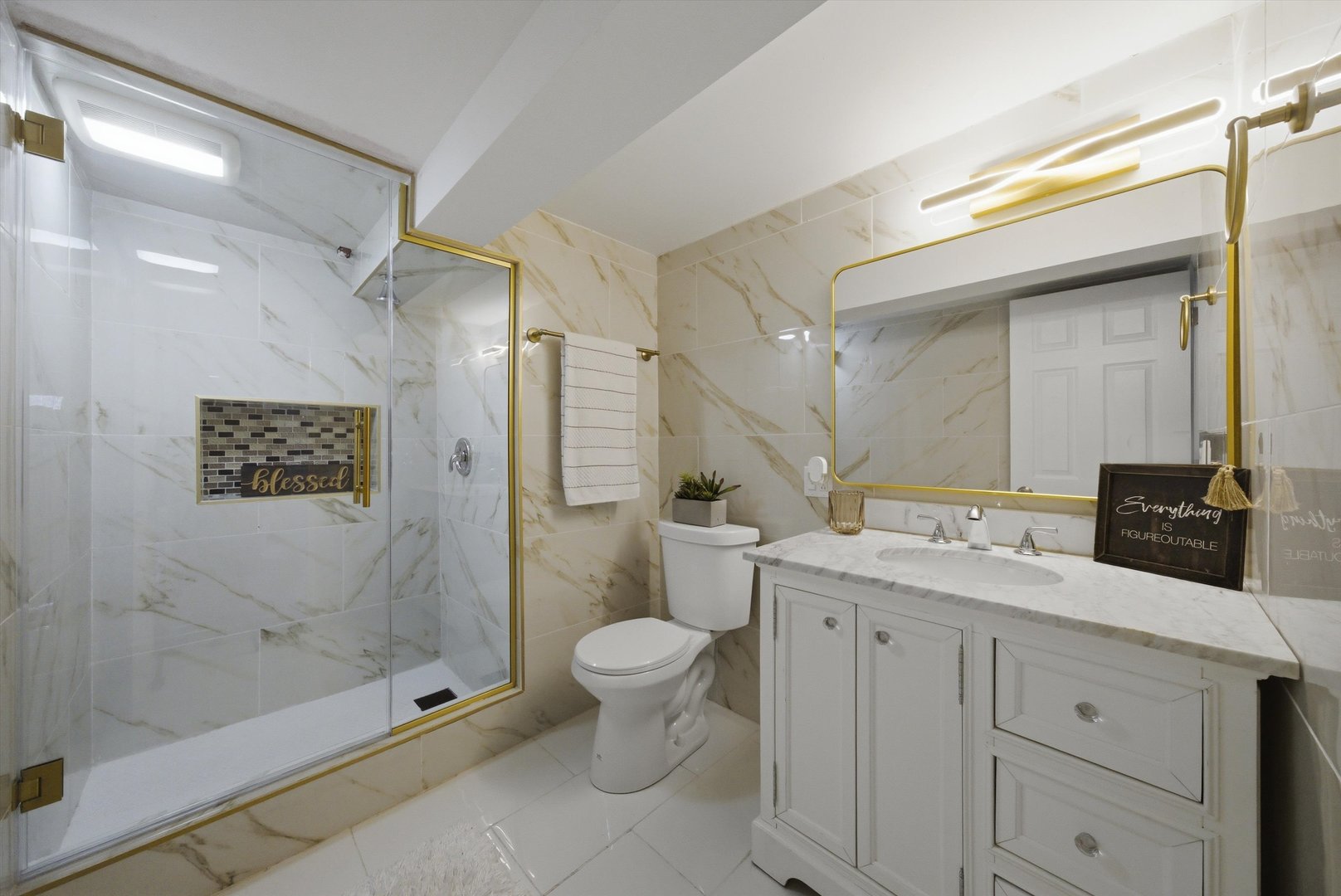 3853 West 83rd Place Chicago, IL 60652 - Photo 14 of 30 a bathroom with a granite countertop sink toilet and shower