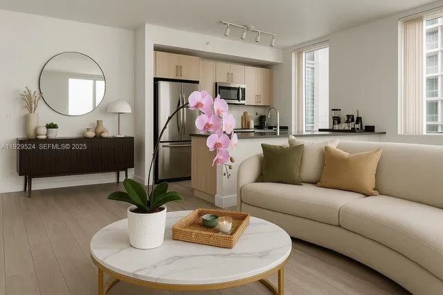 a living room with furniture a mirror and a painting