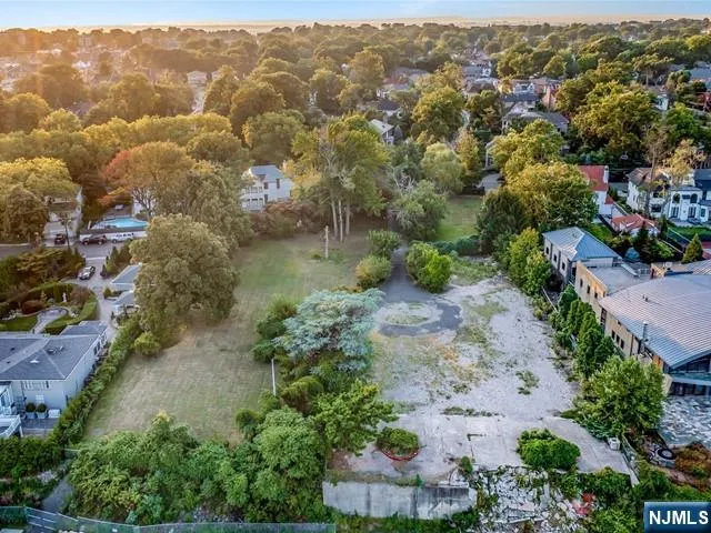 an aerial view of residential houses with outdoor space and trees