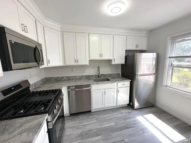 a kitchen with stainless steel appliances granite countertop a stove a refrigerator a sink dishwasher and a refrigerator