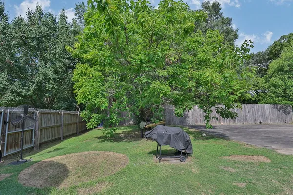 a garden view with a seating space