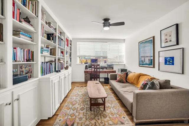 a room with furniture potted plant and a book shelf