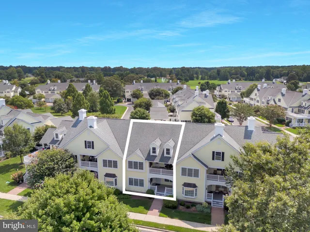 an aerial view of residential houses with outdoor space and trees