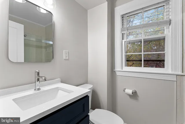 a bathroom with a sink vanity mirror and toilet