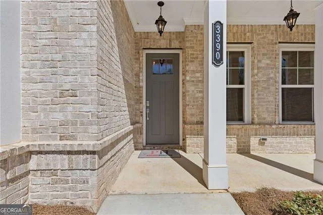 a view of a entryway door front of building