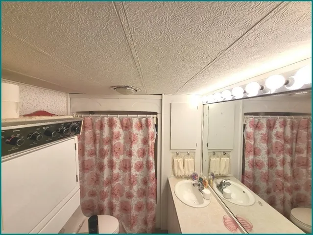 a bathroom with a sink a mirror and a shower