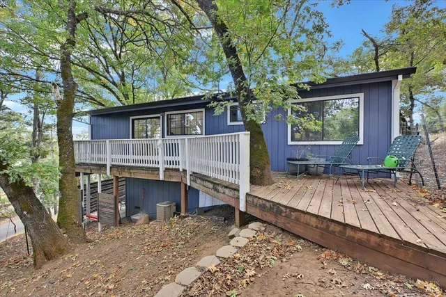 a view of backyard with a barn and large tree