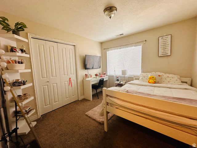 1559 Riverside Avenue, Unit 9 Provo, UT 84604 - Photo 8 of 12 Bedroom with dark colored carpet, a textured ceiling, and a closet