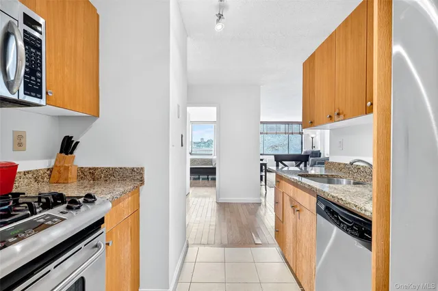 a kitchen with stainless steel appliances granite countertop a sink refrigerator and cabinets