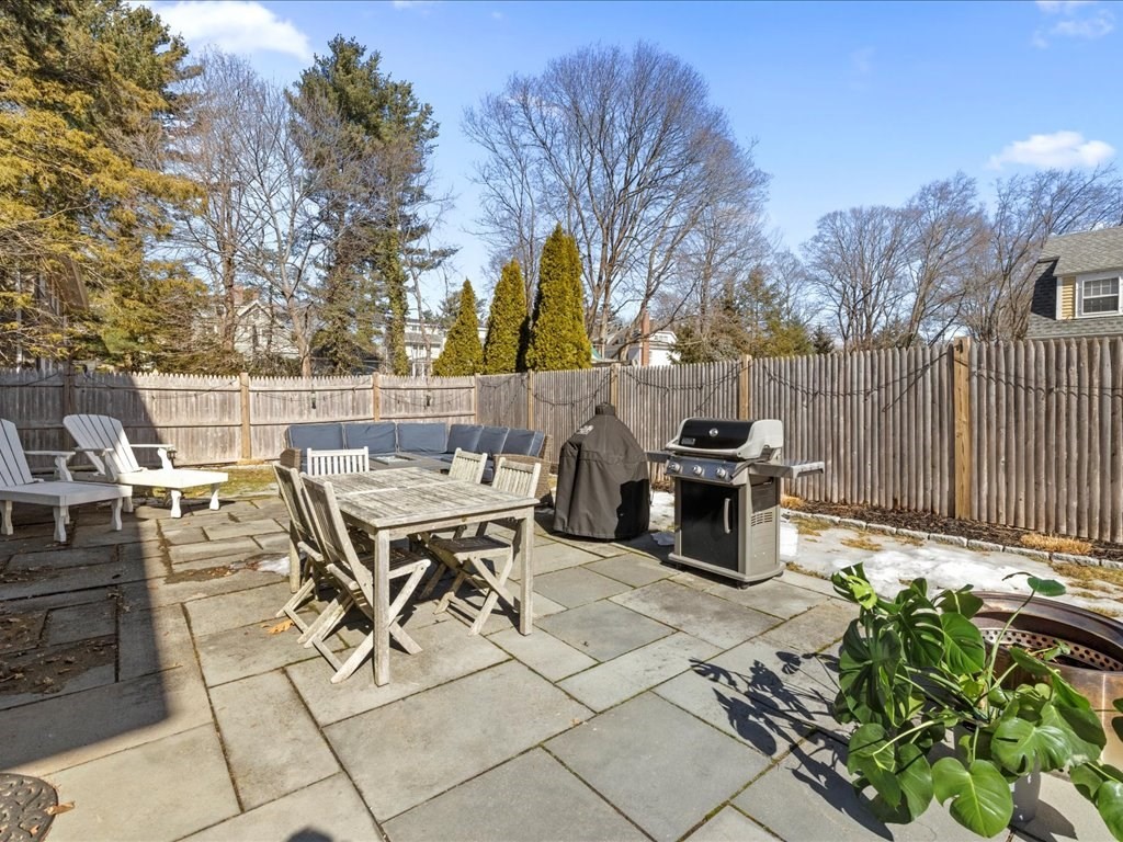 31 Estabrook Road Swampscott, MA 01907 - Photo 36 of 42 a view of a patio with table and chairs with wooden fence and plants