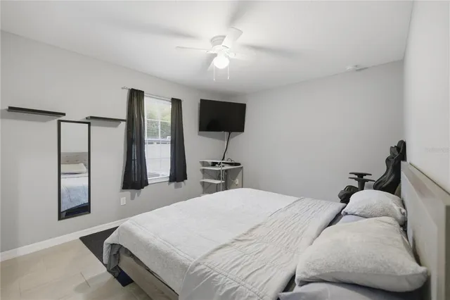 a bedroom with a bed and a flat screen tv