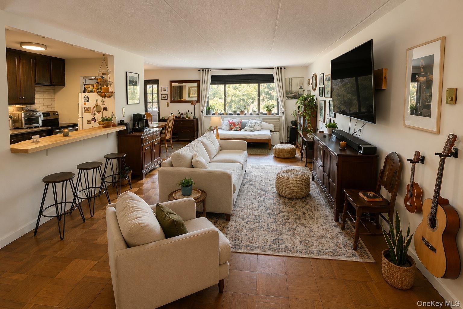 160 Academy Street, Unit 3J Poughkeepsie, NY 12601 - Photo 2 of 14 a living room with furniture kitchen view and a flat screen tv