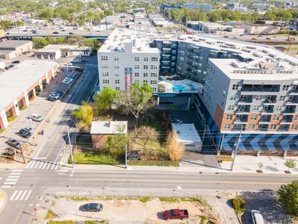 a city view with tall buildings