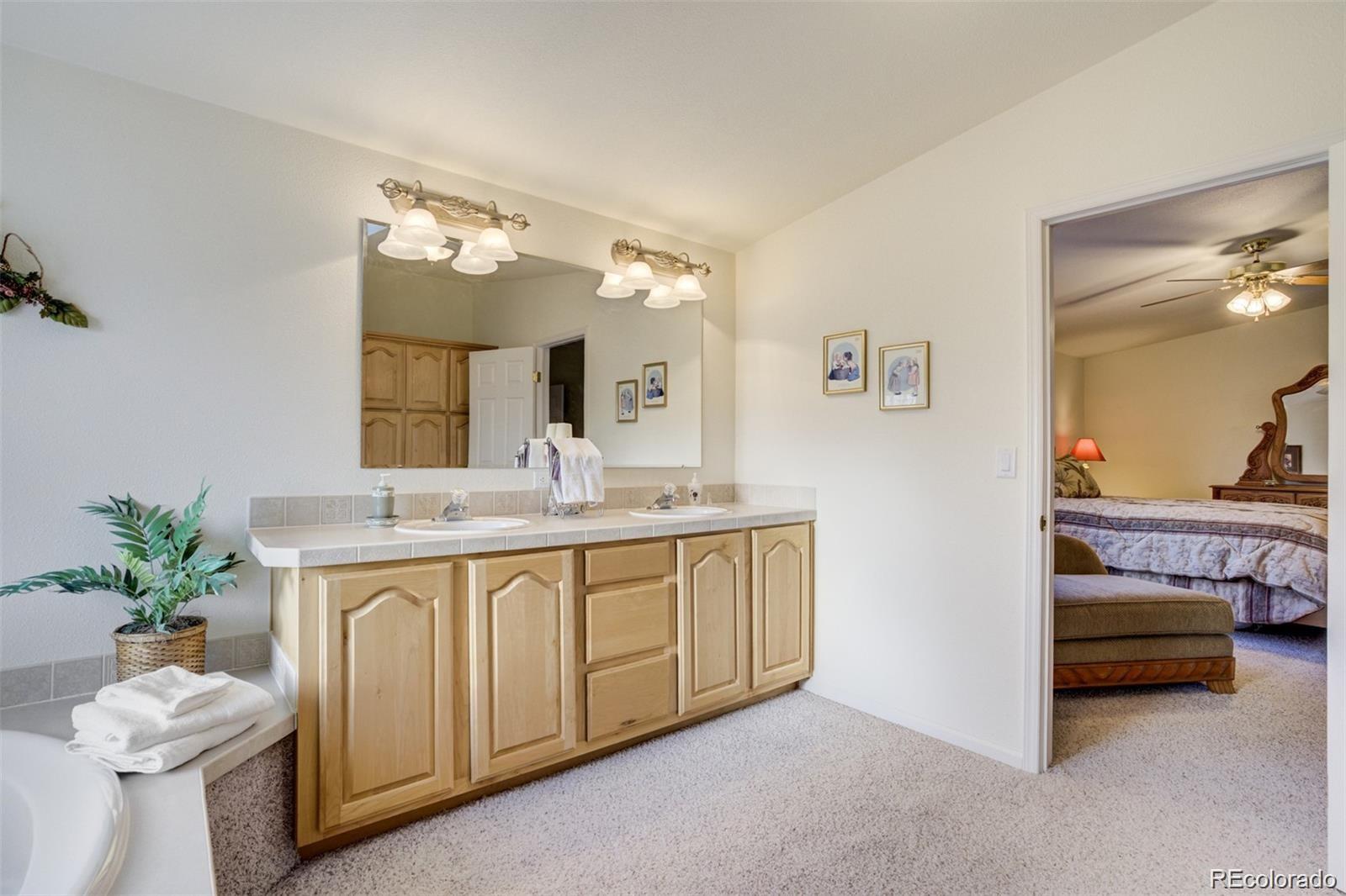 688 Tiara Road Lake George, CO 80827 - Photo 17 of 46 a spacious bathroom with a double vanity sink and a mirror