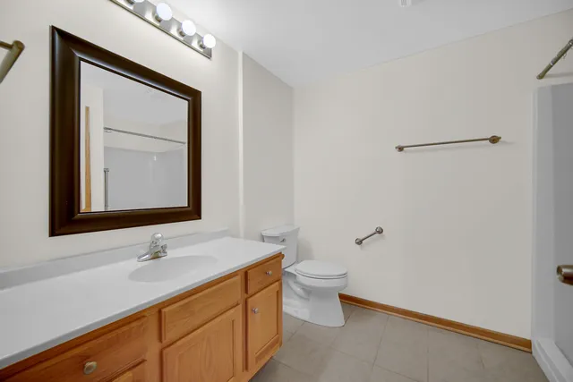 a bathroom with a sink a toilet and mirror