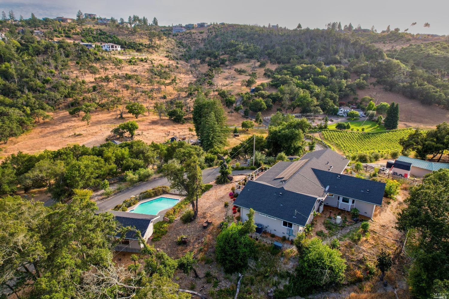an aerial view of house with yard swimming pool and mountain view