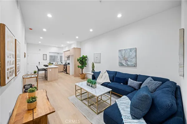 a living room with furniture kitchen view and a potted plant
