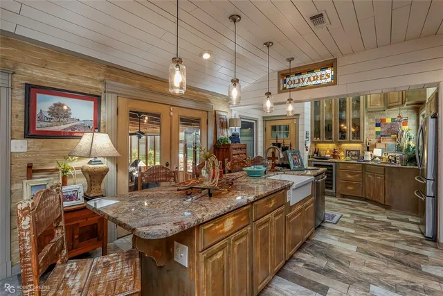 a kitchen with lots of counter top space