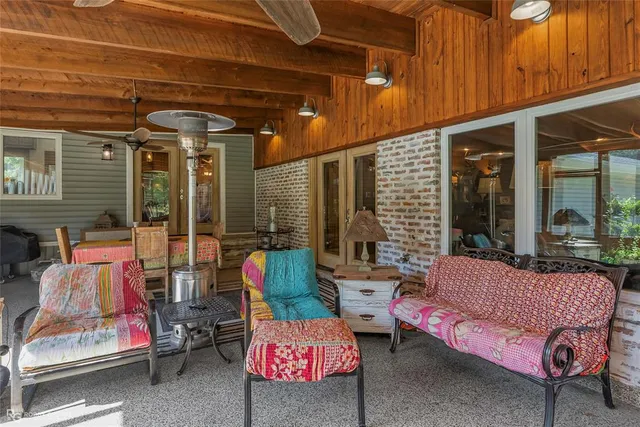 a building outdoor space with patio furniture