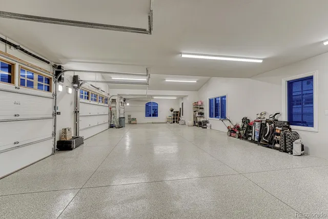 a view of a garage with storage