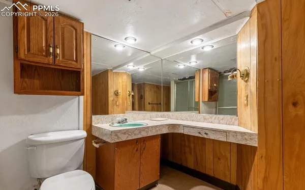 a bathroom with a granite countertop sink toilet and a mirror